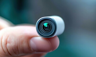 Tiny Spy Camera Lens Held Between Fingers in Macro Shot