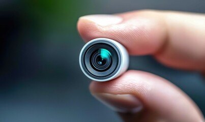 Tiny Spy Camera Lens Held Between Fingers in Macro Shot