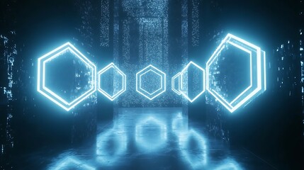 Futuristic neon hexagonal shapes glow brightly in a dark environment, creating a mesmerizing digital atmosphere. Perfect for abstracts and sci-fi themes.