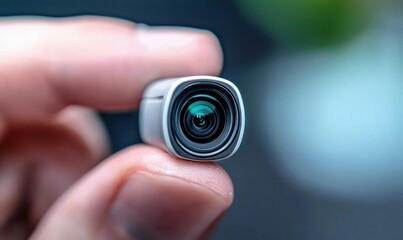 Tiny Spy Camera Lens Held Between Fingers in Macro Shot