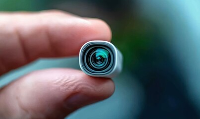 Tiny Spy Camera Lens Held Between Fingers in Macro Shot