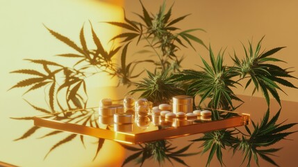 Cannabis Leaves and Pills on a Reflective Surface in Soft Light