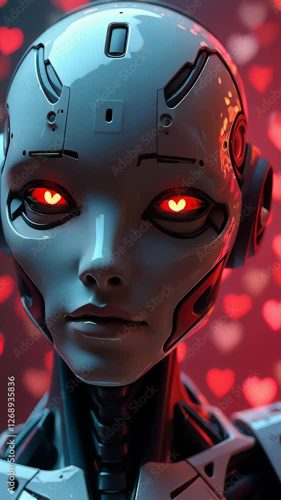Poster robot with heartshaped eyes blinking in ambient red light setting