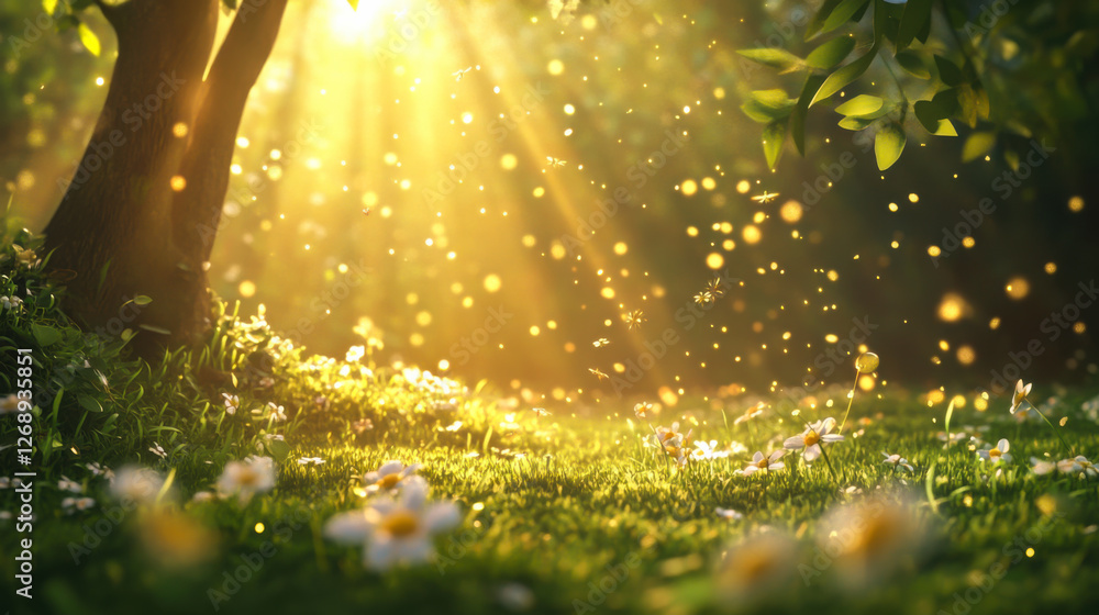 Poster sunlight filters through trees, illuminating a meadow with blooming flowers and floating particles i