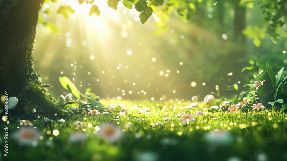 Poster sunlight filters through trees, illuminating a meadow with blooming flowers and floating particles i