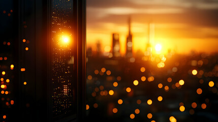 Obraz premium Cityscape Silhouette at Warm Sunset from Inside Building with Reflected Lights