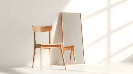 Modern Wooden Chair Next to Large Floor Mirror in Bright Room