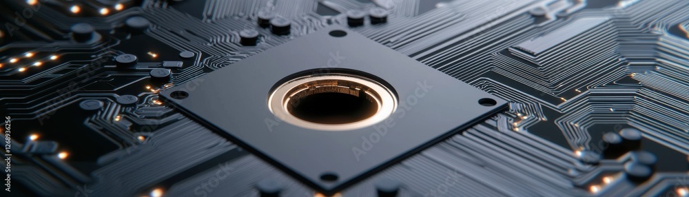Poster detailed close-up of a circuit board with a round opening and intricate electronic components in foc