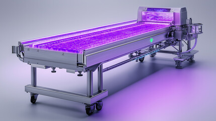 Ultraviolet germicidal irradiation. UVGI. Ultraviolet light conveyor belt for sanitizing food products.