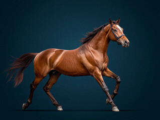 Beautiful brown horse galloping against dark backdrop