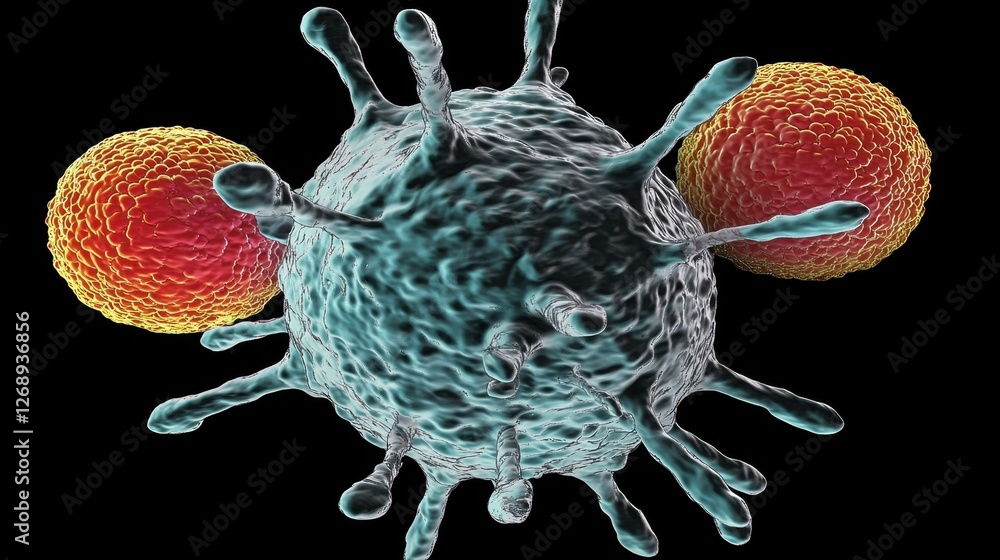 Poster a d-rendered close-up of modified t-cells attacking cancer cells with precision.
