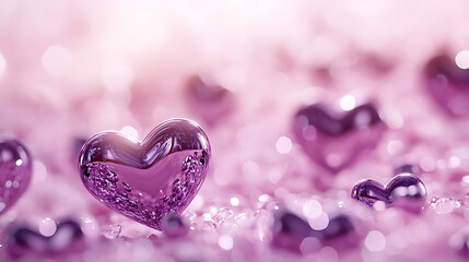 Fototapeta premium Beautiful close-up of shimmering purple hearts on a soft pastel background, creating a romantic and dreamy atmosphere perfect for love-themed projects.