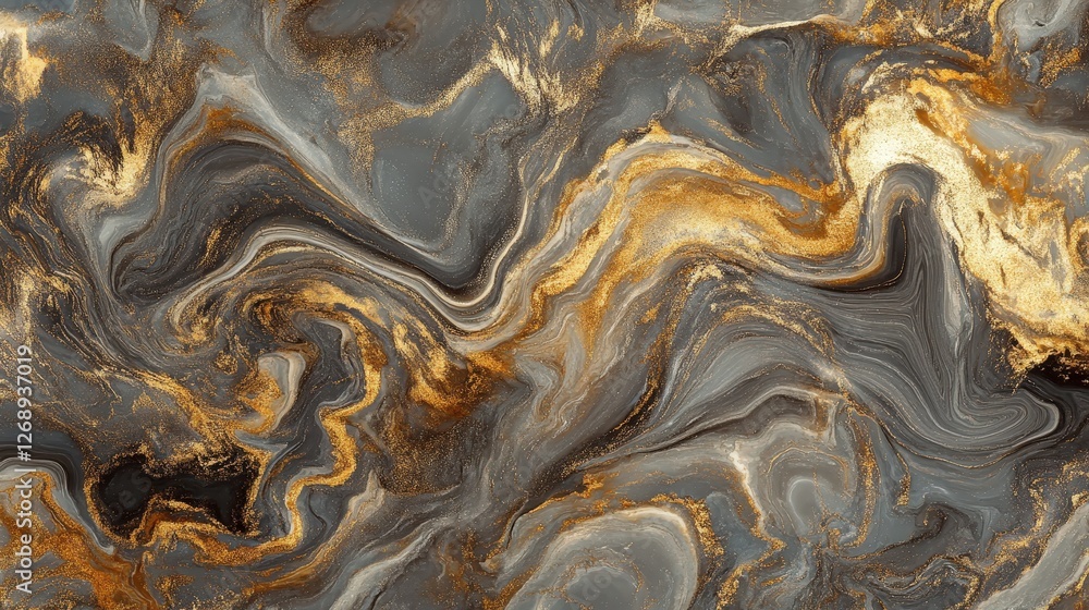Poster a modern marbleized pattern with smooth swirls of metallic gold and soft gray, creating an elegant a