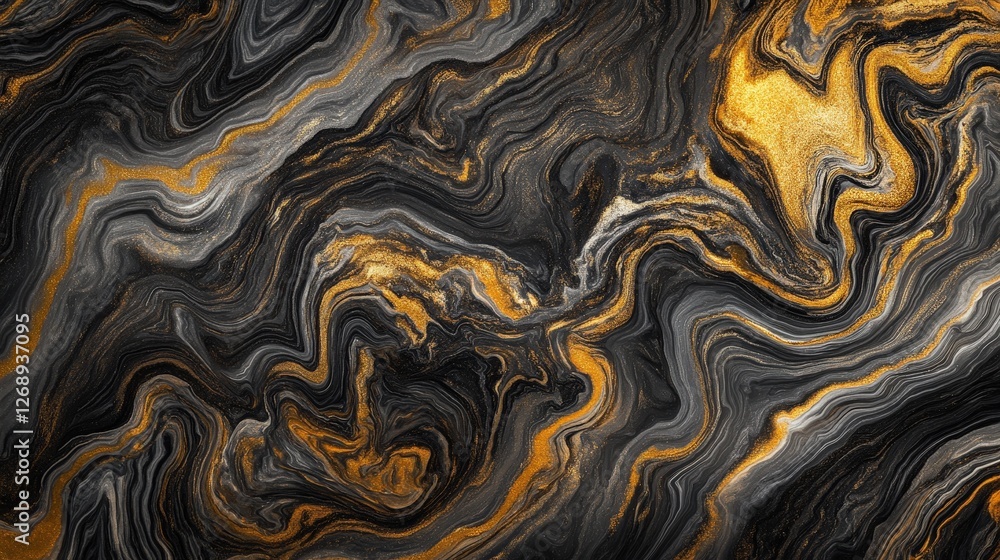 Poster a modern marbleized pattern with smooth swirls of metallic gold and soft gray, creating an elegant a