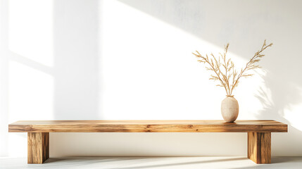 Minimalist Wooden Bench with Vase and Dried Flowers on Wall