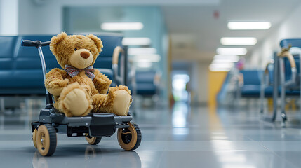 In the clinic lobby for unwell youngsters there is a mobility scooter with a big plush teddy and copy space