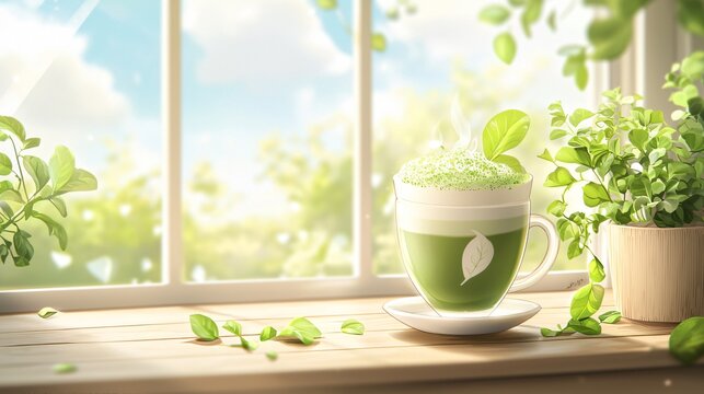 Aesthetic anime-style matcha latte with a frothy top in a cozy caf&eacute;