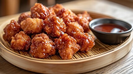 General  Chicken, crispy and flavorful, served on a bamboo plate with a side of homemade sweet and sour sauce for extra dipping