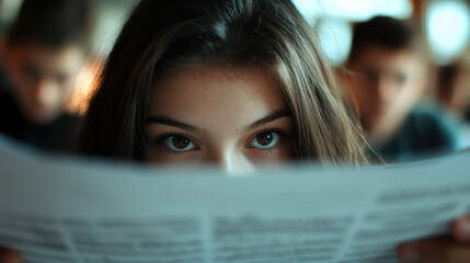 Young Girl Intently Reading Newspaper with Focused Expression Amid Busy Environment, Capturing the Essence of Curiosity and Engagement in Modern Life