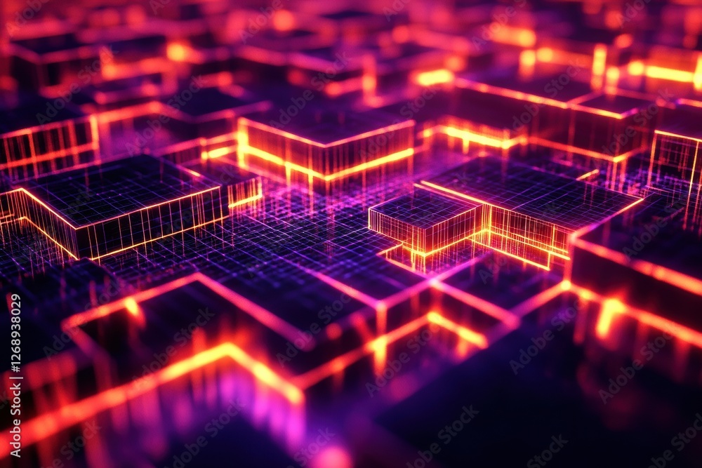 Poster Digital landscape with glowing structures and vibrant colors in a futuristic setting. Generative AI