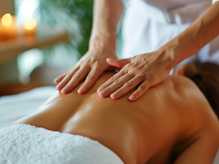 Close-up of the hands of a male masseuse, giving massage to woman's back, copy space on wellness spa background