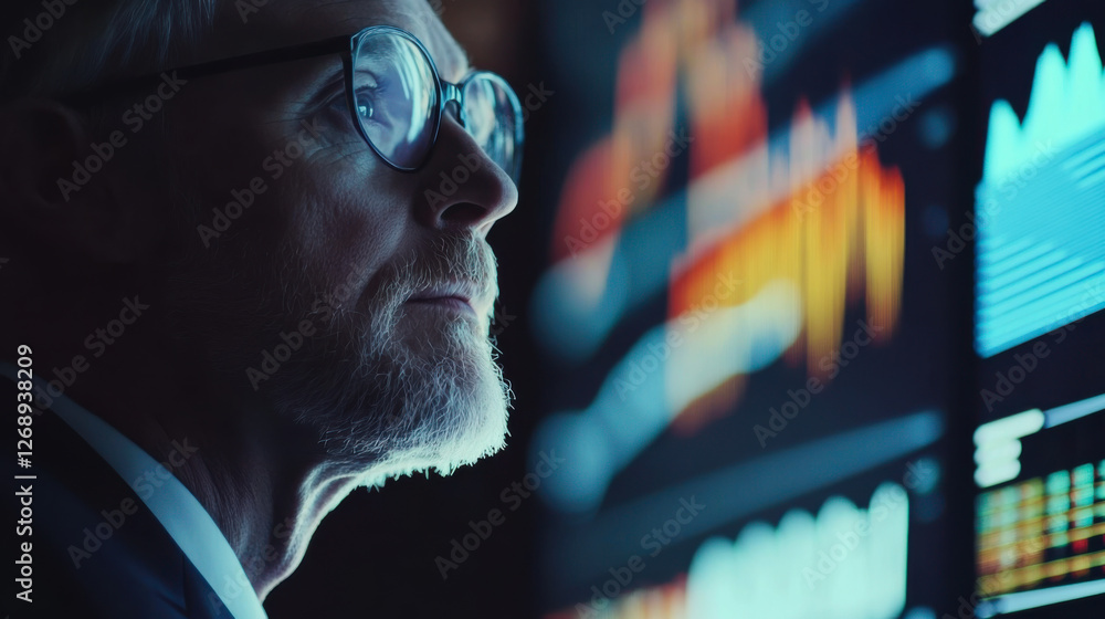 Poster data analyst focuses on complex graphs while analyzing metrics in a dark office environment during n