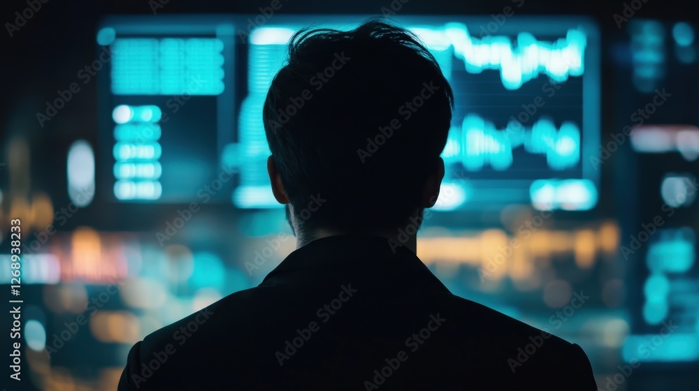Poster a person attending a conference on digital currency and blockchain technology, with screens showing 