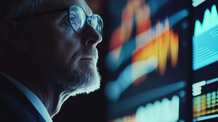 Data analyst focuses on complex graphs while analyzing metrics in a dark office environment during nighttime