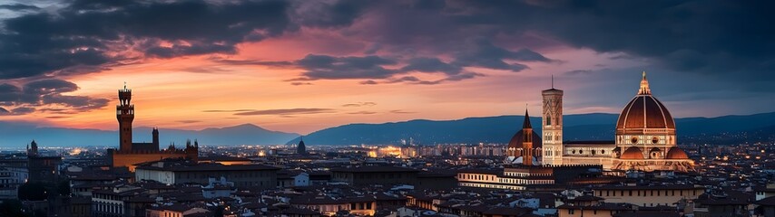 Dramatic sunset over the iconic skyline of the historic city of Florence Italy featuring the majestic Duomo cathedral Campanile bell tower