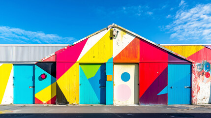 Naklejka premium Vibrant Geometric Street Art Mural on Warehouse Building – Perfect for Urban Photography, Creative Design Inspiration, and Modern Architecture