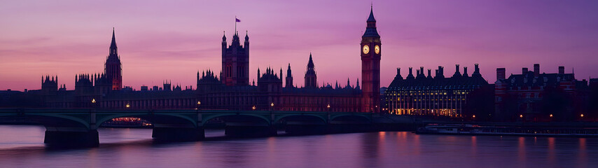 Fototapeta premium Dramatic sunset view of the iconic skyline of London England with the silhouetted spires and towers of the Houses of Parliament and the famous Big Ben clock tower reflected in the River Thames