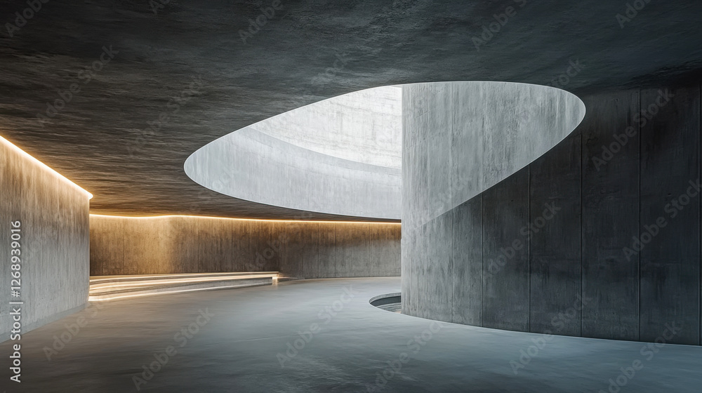 Poster unique modern architectural design featuring smooth curves and soft lighting in a contemporary space