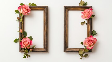 Vintage Wooden Frames Decorated with Beautiful Pink Roses