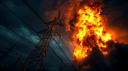 Dramatic Power Grid Explosion with Tower Silhouette against Dark Sky at Twilight