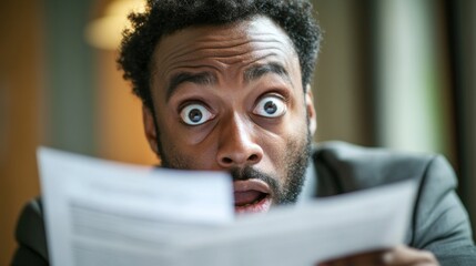 A businessman is overwhelmed as he stares wide-eyed at important paperwork in a dimly lit office. Anxiety and urgency reflect in his expression, highlighting his stressful situation