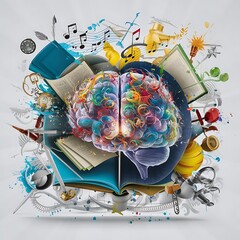 Create a vibrant digital illustration of a human brain exploding with creativity 