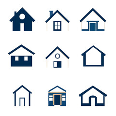 Fototapeta premium Set of nine minimalist blue house icons on black background