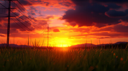 Dramatic Sunset Over a Grassy Field with Power Lines in Scenic Landscape
