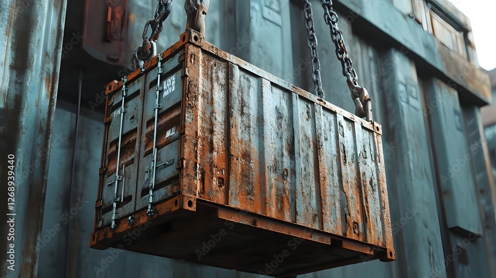 Poster rusty shipping container being lifted by chains in a gritty industrial setting with weathered walls