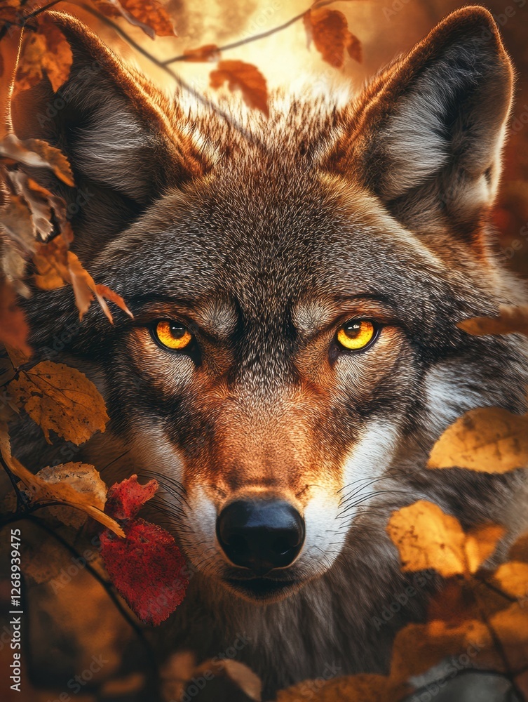 Poster wolf gazes through autumn leaves in a forest setting during golden hour. generative ai