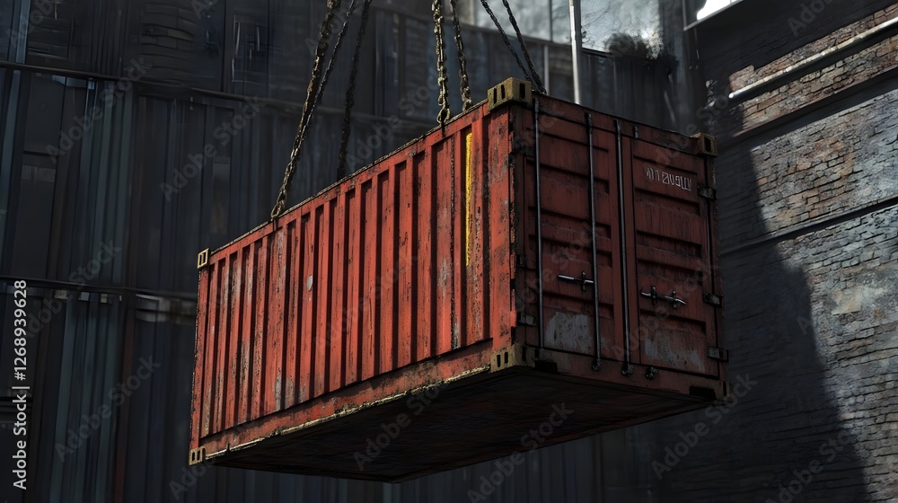 Poster a weathered red shipping container being lifted by a crane in an industrial setting with shadows