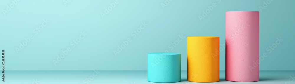 Poster colorful geometric shapes in varying heights creating an abstract visual on a minimalist background