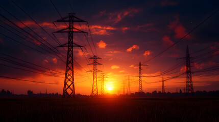 Fototapeta premium Dramatic Sunset with Silhouetted Power Lines and Towers in Rural Landscape
