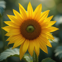 Fototapeta premium Sunflower blooming, yellow petal, close up view of center core of flower with blurred garden environment in peaceful and calm morning