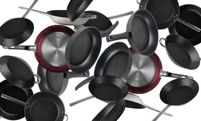 Flying Frying Pan Isolated, Falling New Empty Black Nonstick Cookware with Metal Handles Isolated