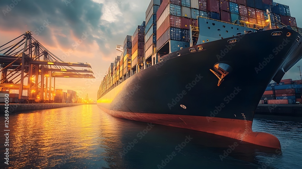 Poster container ship navigating through a busy port at sunset, surrounded by colorful shipping containers