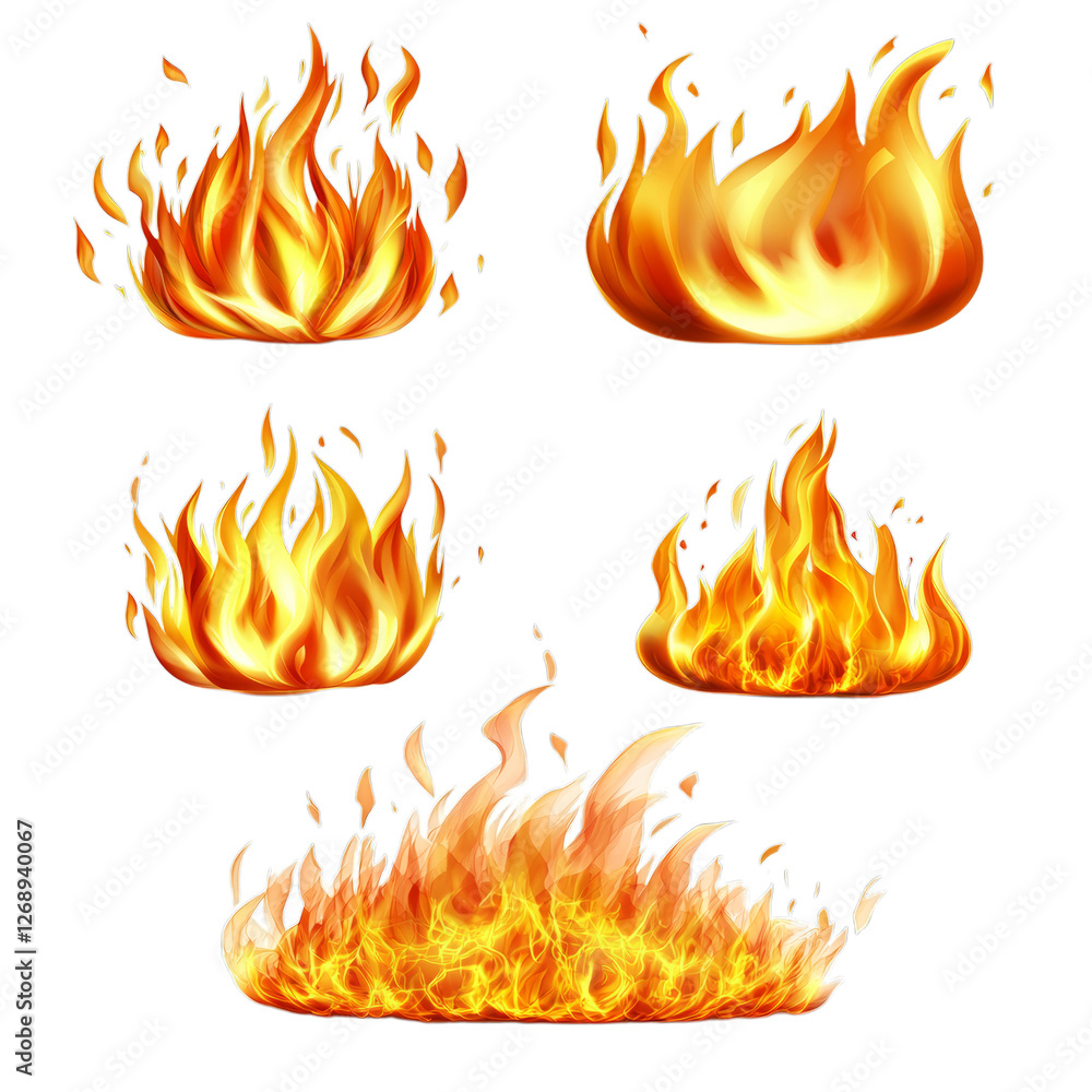Poster collection of realistic fire flames in various shapes. isolated on transparent background. generativ