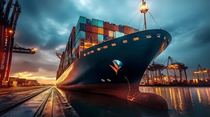 Naklejka premium Large cargo ship docked at a bustling port during sunset, with cranes and containers in the background