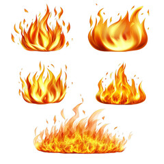 Collection of realistic fire flames in various shapes. Isolated on transparent background. Generative AI