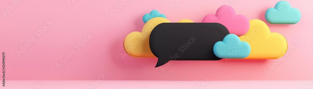 Poster colorful speech bubbles and clouds in a playful setup on a pink background for communication and cre